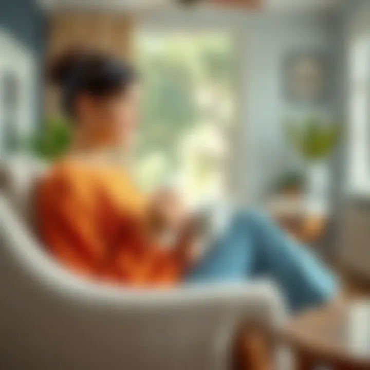 A stay-at-home mom sitting comfortably in a cozy chair, holding a cup of tea, looking relaxed and content, in a bright and welcoming living room.