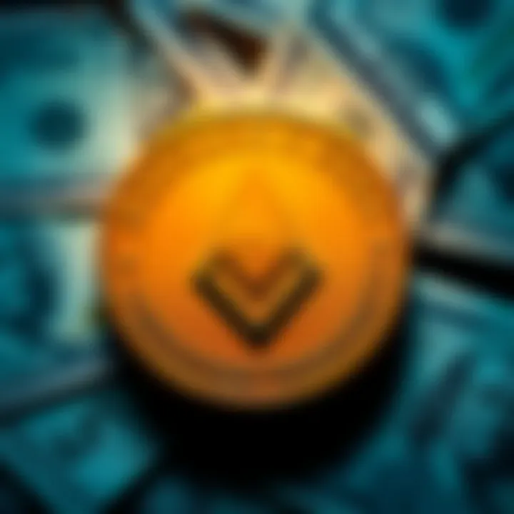 Monero cryptocurrency symbol with cash background Monero symbol in front of cash notes representing digital cash growth