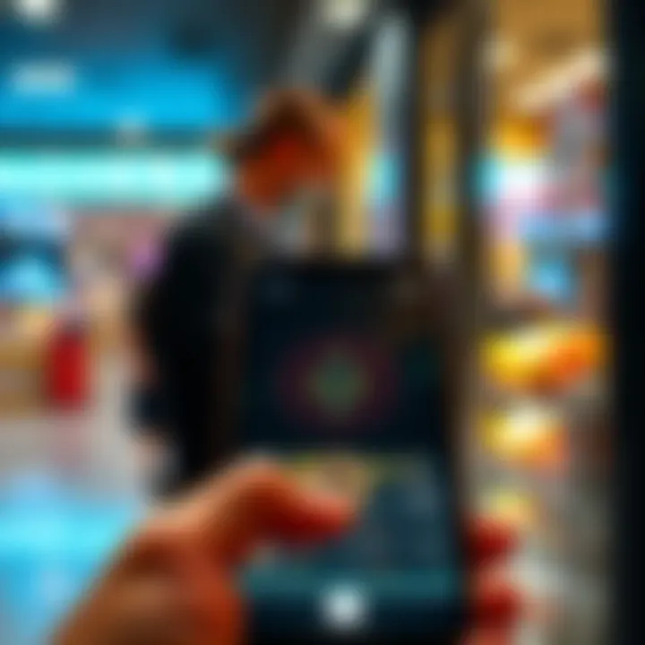A visual representation of Monero being used in a business transaction, showing a digital wallet on a smartphone in front of a store, indicating its acceptance in legal transactions.