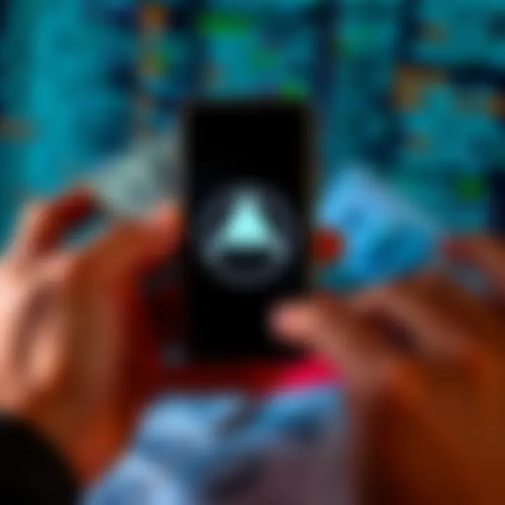 A person holding a smartphone displaying the Monero logo, with cash and computer code in the background, symbolizing its use in transactions and money laundering debates.