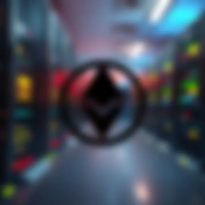 Monero logo in front of a digital server setup illustrating decentralized computing