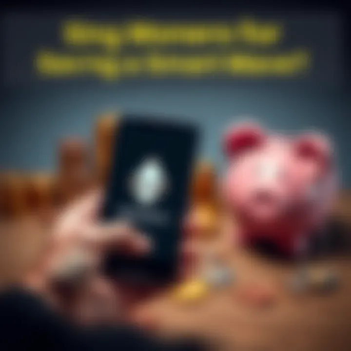 A person holding a smartphone displaying Monero cryptocurrency, with stacks of coins and a piggy bank in the background.