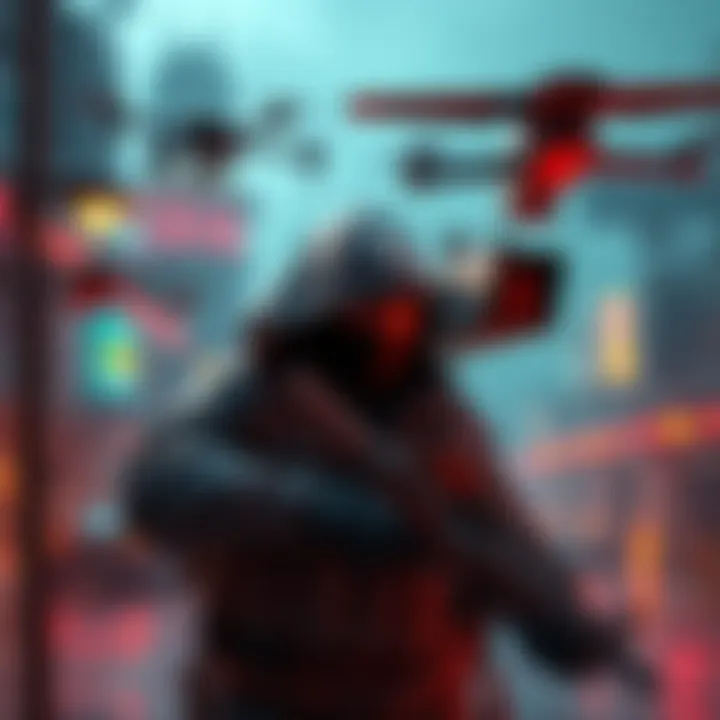 A player in a dystopian game environment using Monero for secret transactions while avoiding surveillance cameras and drones.