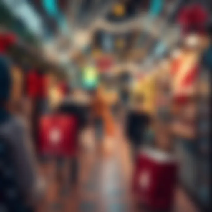 A festive shopping scene with people buying gifts using Monero, showcasing the currency's logo on shopping bags, surrounded by holiday decorations.