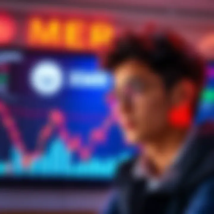 A young investor considering Monero as a personal banking option with charts and XMR logo in the background