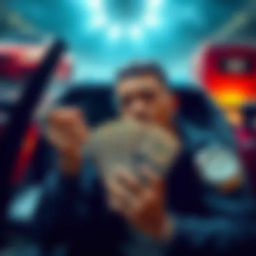 A person holding a stack of cash, contemplating their financial status and self-worth, surrounded by symbols of wealth like a luxury car and a high-end watch.
