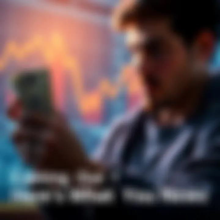 A person holding cash and looking at a chart with upward trend, contemplating financial choices.