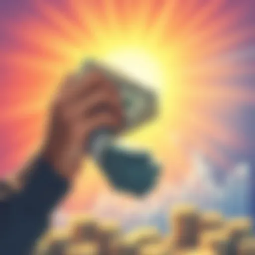 Illustration of a person holding a stack of cash and looking at financial growth charts against a bright background.