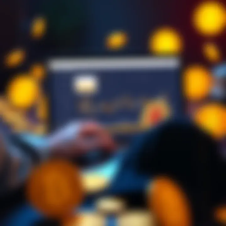 A person setting up a monthly auto deposit for Bitcoin on a laptop with Bitcoin symbols around