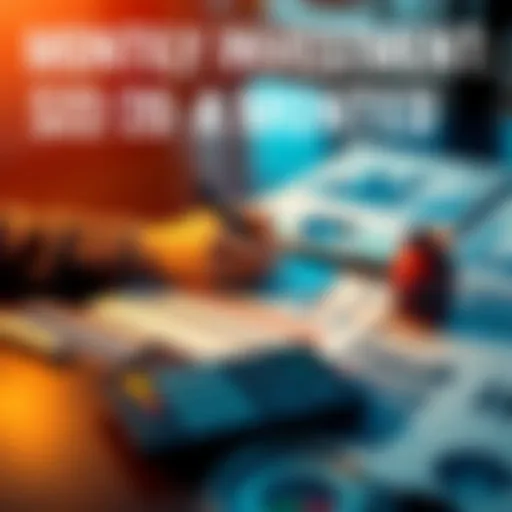 A person writing down a budget plan for investing $280 each month, with financial charts and a calculator on a table.