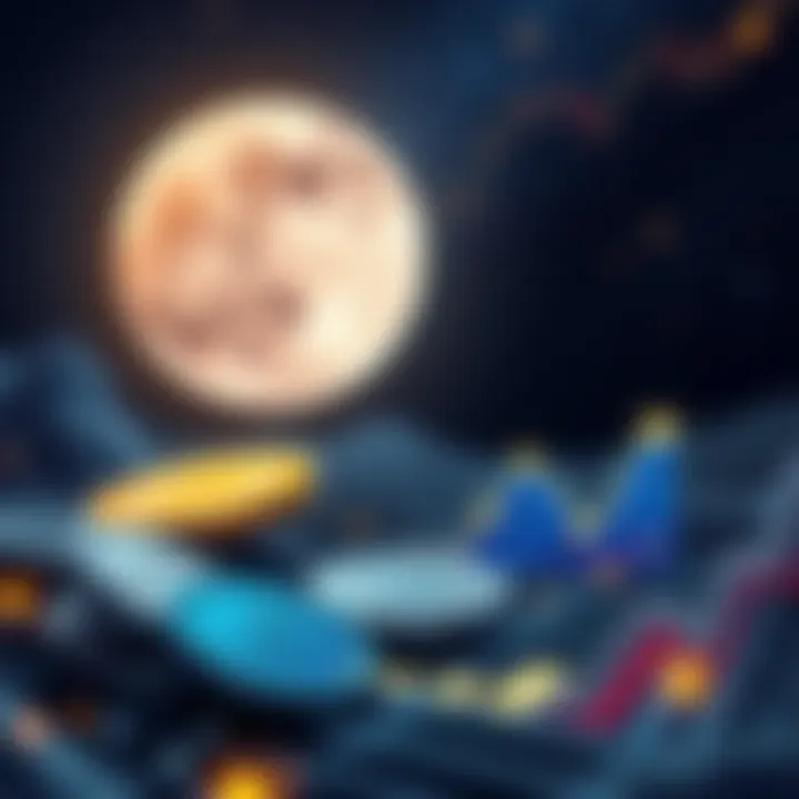 An illustration showing the Moon with financial symbols like coins and charts in the foreground, representing the connection between finance and astronomy.