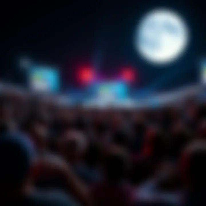 A crowd gathers to watch a live broadcast about the upcoming moon landing, showcasing a mix of excitement and curiosity.