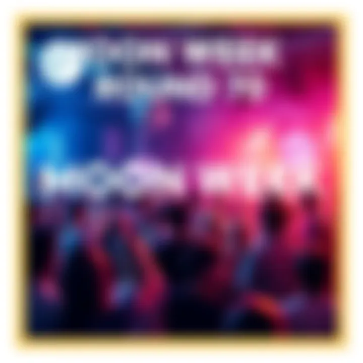 A vibrant community gathering with people participating in Moon Week Round 70 activities and polls, celebrating together on Discord.