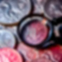 A close-up view of a collection of Morgan silver dollars graded MS68, showcasing the shiny coins and their details, with a magnifying glass for inspection.