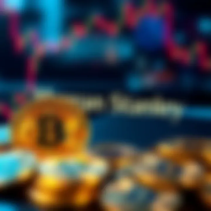 Morgan Stanley Bitcoin ETF Launch Morgan Stanley's logo alongside a graphic of bitcoin coins, representing the launch of their new ETF with low fees