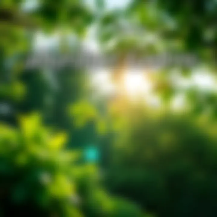 Bright green plants and trees in the morning sunlight, creating a fresh and uplifting atmosphere.