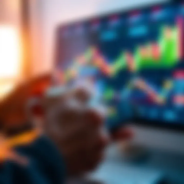 Morning Crypto Trading on BitMart A person holding a coffee cup while looking at a smartphone showing crypto prices, with graphs and charts in the background.