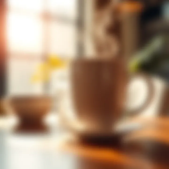 A steaming coffee cup on a table with a bright morning background, symbolizing a warm greeting.