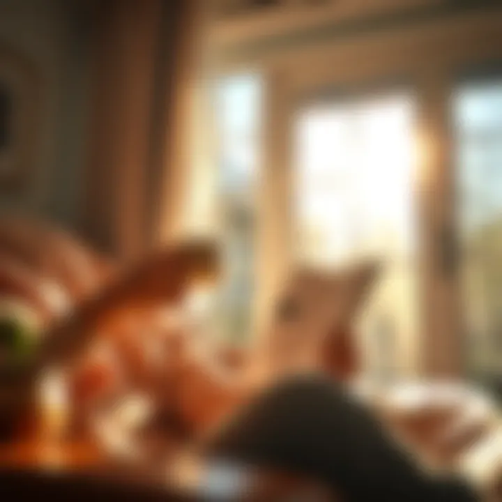 A person making coffee and reading a book at home in the morning sunshine