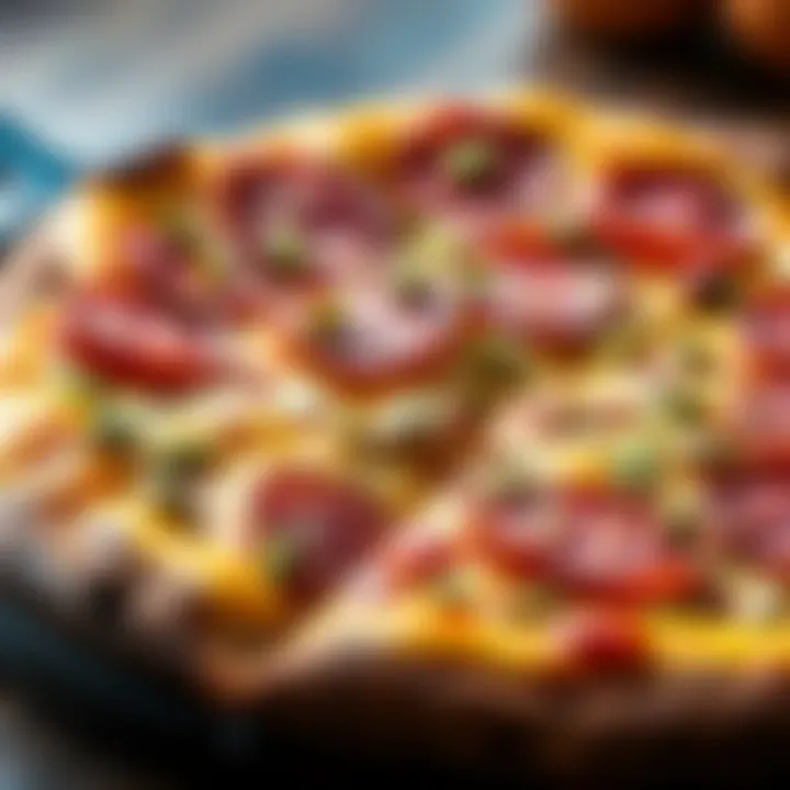 Close-up of a slice of pizza topped with mortadella and pistachio, showcasing its rich colors and textures.