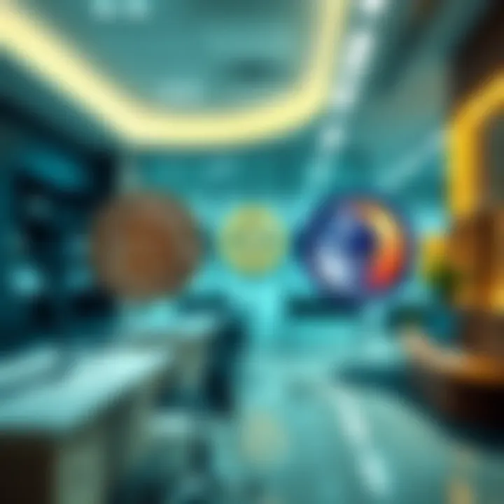 Mortgage lender accepts Bitcoin and Ethereum A modern mortgage lender's office with Bitcoin and Ethereum logos displayed, symbolizing the integration of cryptocurrency in home financing