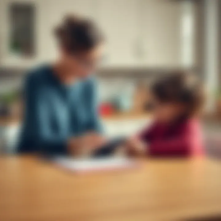 A woman sitting at a kitchen table sharing financial tips with her child, with a calculator and notepad in front of them