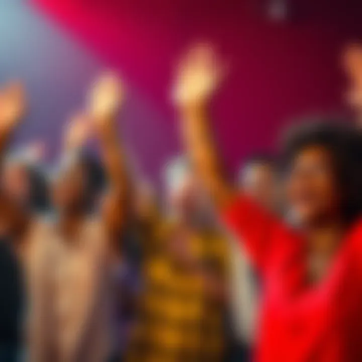 A group of diverse people celebrating with smiles and raised hands, showing enthusiasm and energy