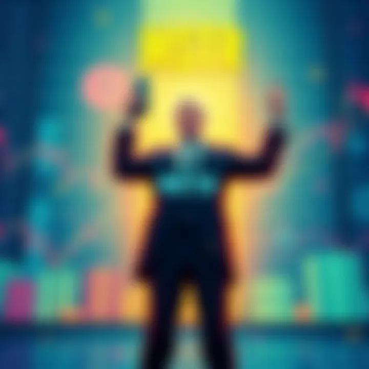 An illustration showing MSTR represented as a strong figure in the market, surrounded by fluctuating market graphs and prices, symbolizing its role as a buyer of last resort.