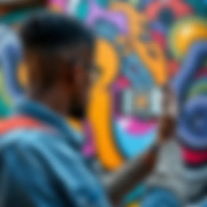 A mural artist holds a smartphone near a colorful mural, scanning a QR code for a Bitcoin transaction, celebrating direct support from fans.