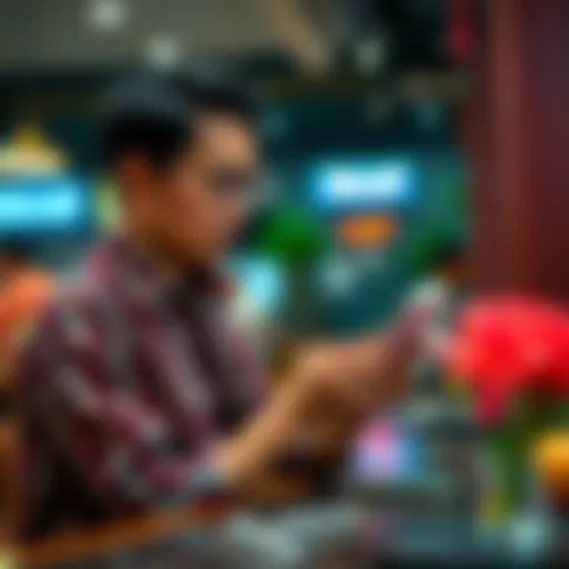 A Myanmar citizen using the Revolut app on a smartphone while sitting at a café, looking concerned about legal and document requirements for using the service abroad.