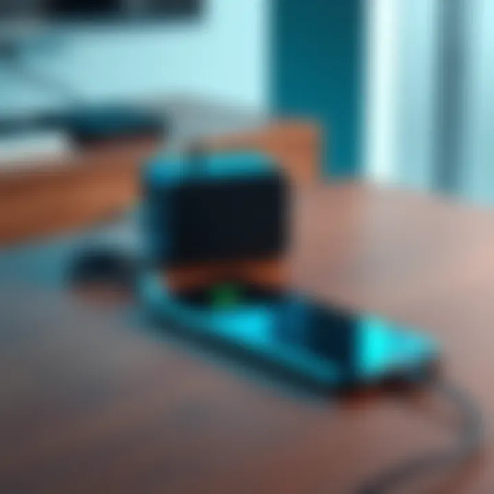 Nano 3S AC Adapter on a table A Nano 3S AC adapter placed on a wooden table, showing its design and features, alongside a smartphone and a charging cable.