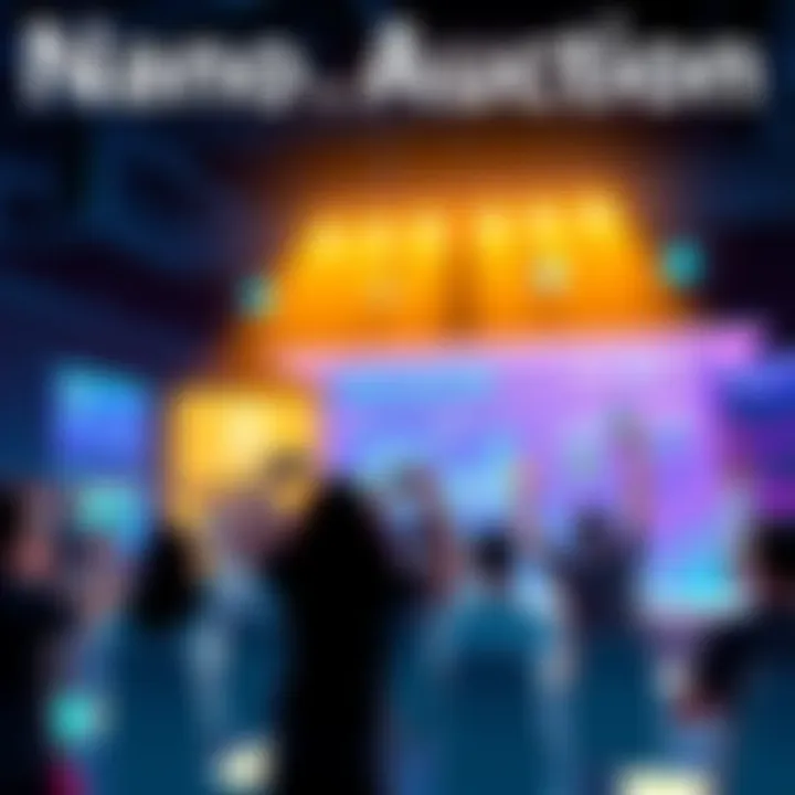 A vibrant graphic showing a digital auction platform with excited participants bidding online.