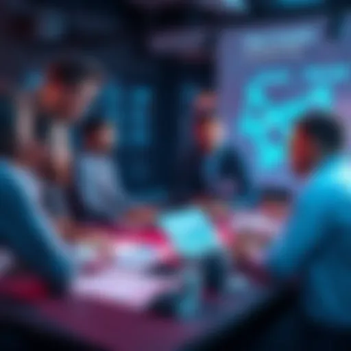 A group of people discussing recent developments in the nano community, with charts and a laptop showing data on a table.