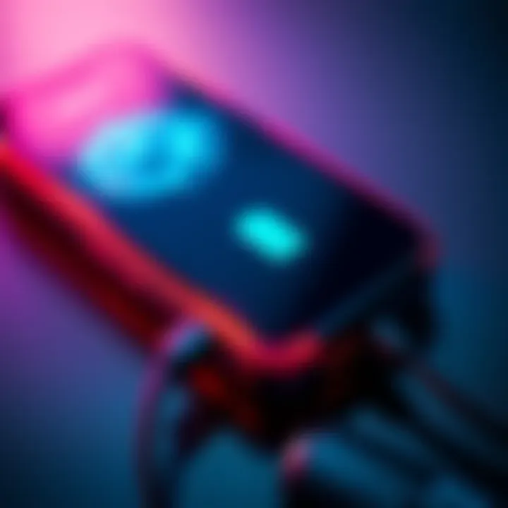 A close-up of a Nano X device with a charging cable plugged in, showing a low battery symbol on the screen