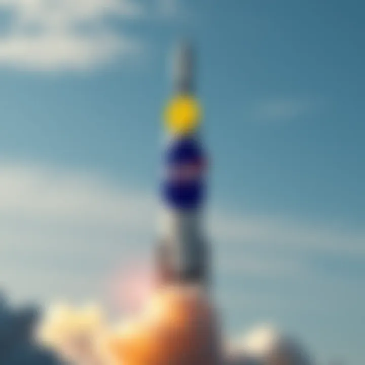 Rocket launch with Dogecoin symbol and NASA logo in the sky