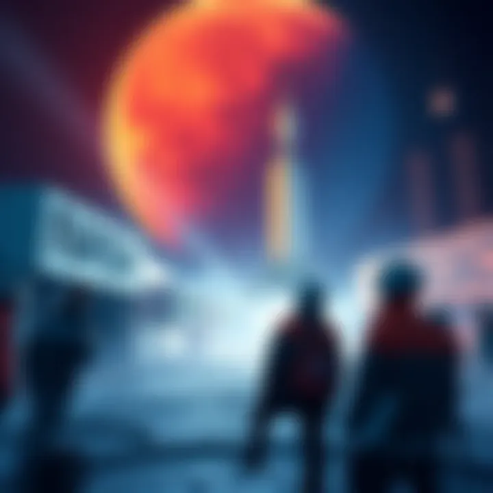 NASA team members and private companies collaborate on plans for the upcoming moon mission, showcasing rocket designs and technology advancements.