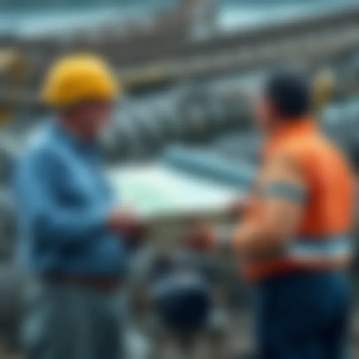 Natural Gas Mining Partnership Two professionals discussing natural gas mining opportunities with a map and equipment in front of them