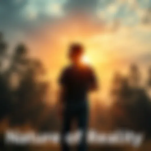 A person standing at the edge of a forest, looking at a sunrise with a thoughtful expression, symbolizing the search for understanding reality.