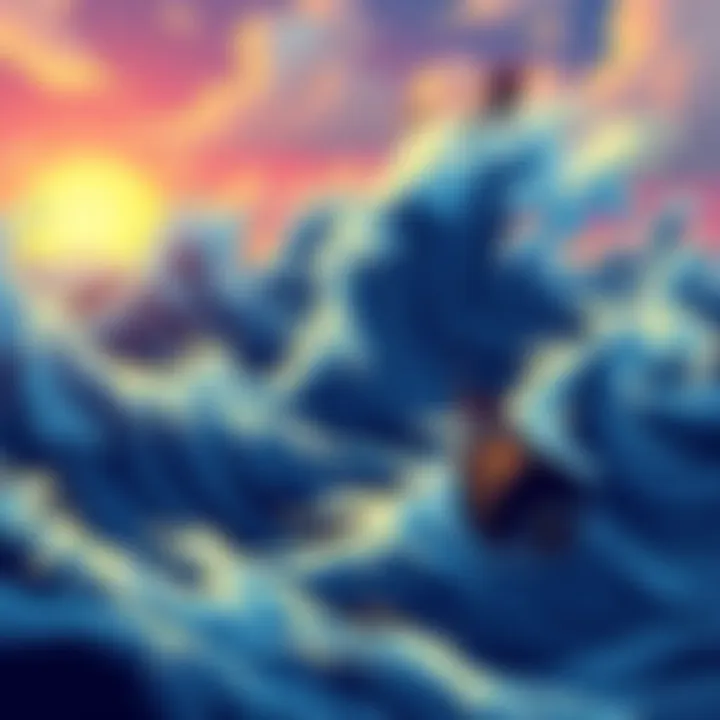 An illustration depicting a serene investor navigating turbulent waves representing market downturns, embodying patience and strategy.