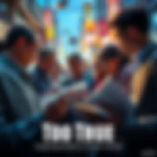 A group of people discussing information with a mix of newspapers and digital devices, showcasing the battle between fact and fiction.