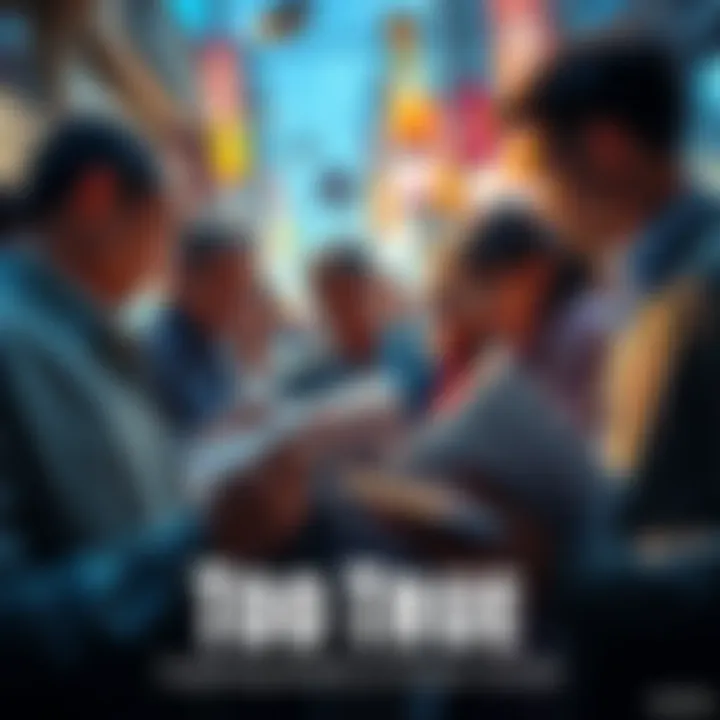 A group of people discussing information with a mix of newspapers and digital devices, showcasing the battle between fact and fiction.