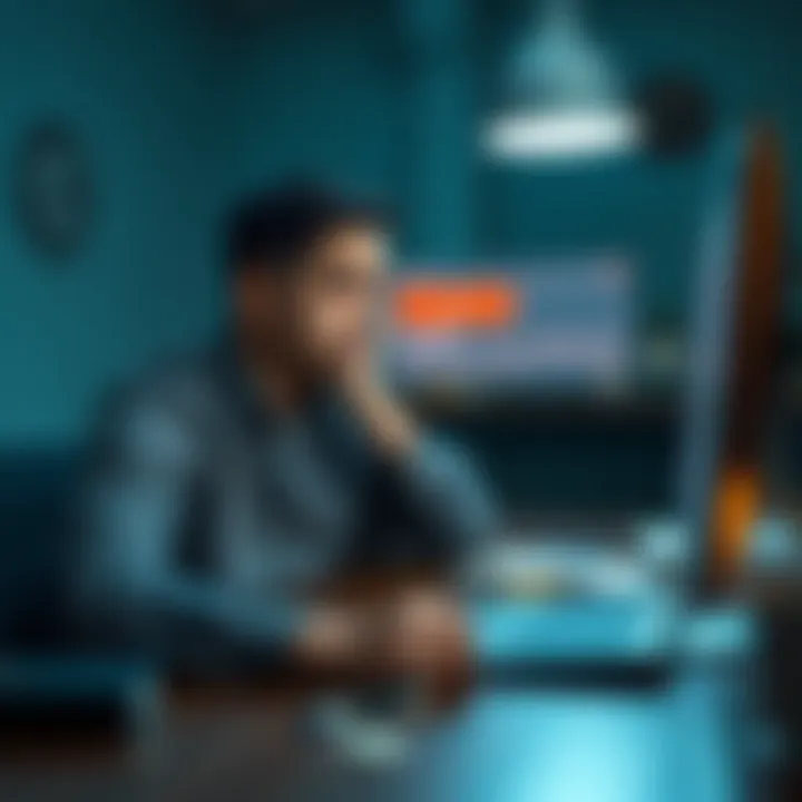 A person looking worried while checking their bank account balance showing a negative amount, with a computer and bills visible on the table.