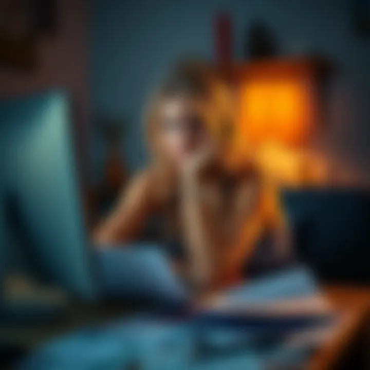 Neighbor Looking at Computer in Distress A woman sitting at a computer with a worried expression, surrounded by papers showing financial documents and email notifications, representing the urgency of retrieving lost crypto information.