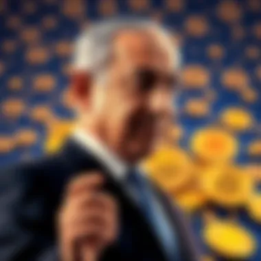 Netanyahu with a cryptocurrency symbol Prime Minister Netanyahu stands with a backdrop of cryptocurrency symbols, conveying the tension over proposed sanctions.