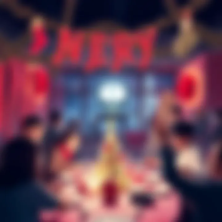 A festive scene showcasing a Christmas party with decorations, people celebrating, and a YouTube live stream graphic in the background