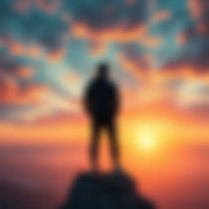 A person standing at the edge of a cliff, looking towards a vibrant sunrise symbolizing new opportunities.
