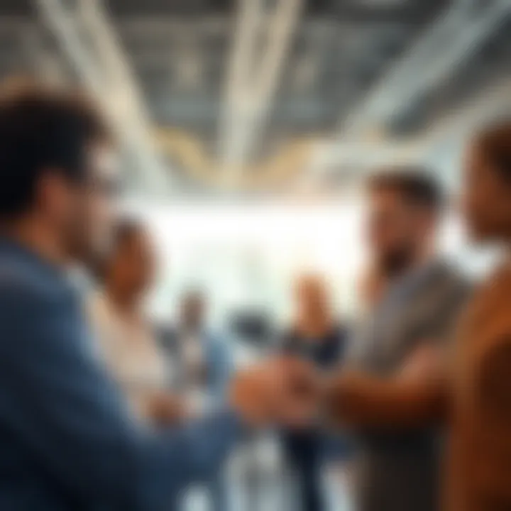 A group of diverse people discussing new career opportunities in a bright office space.