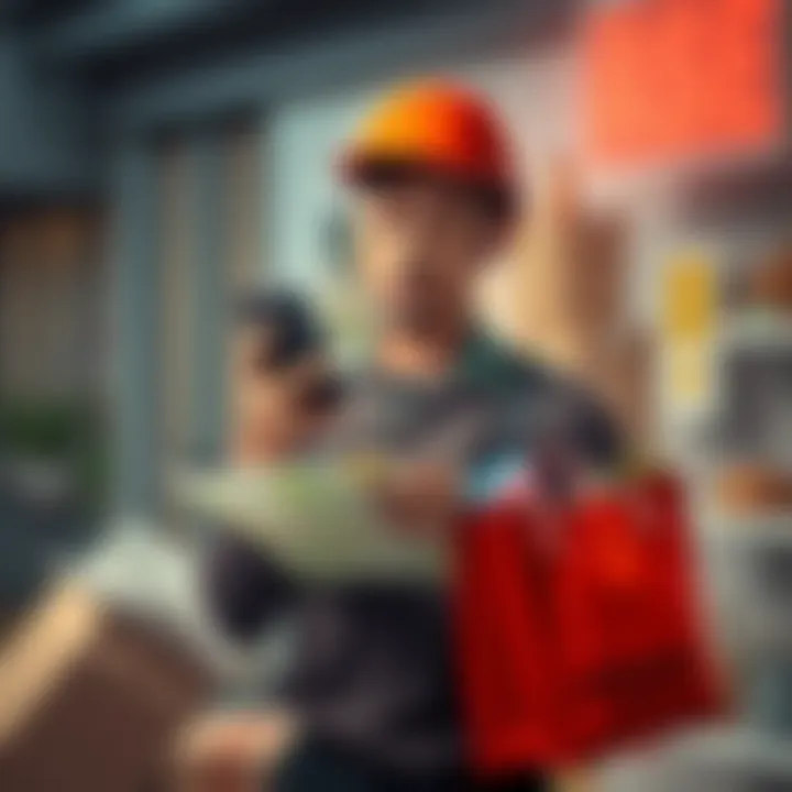 New Dasher struggling with deliveries A new Dasher looks stressed while holding a phone and a delivery bag, surrounded by food items and a map, showing confusion over multiple orders.