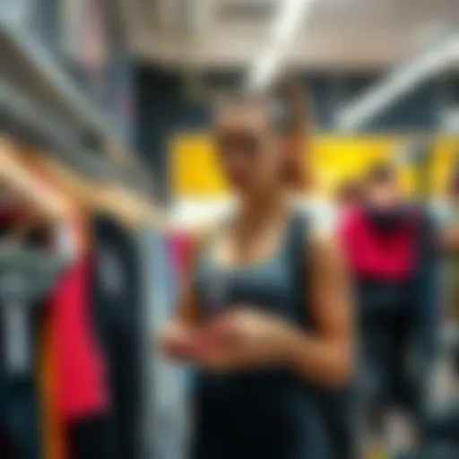 A young woman looks uncertain while browsing workout clothes at a store, showcasing budget-friendly options. She appears to be comparing sports bras and leggings, reflecting the struggles of finding s...