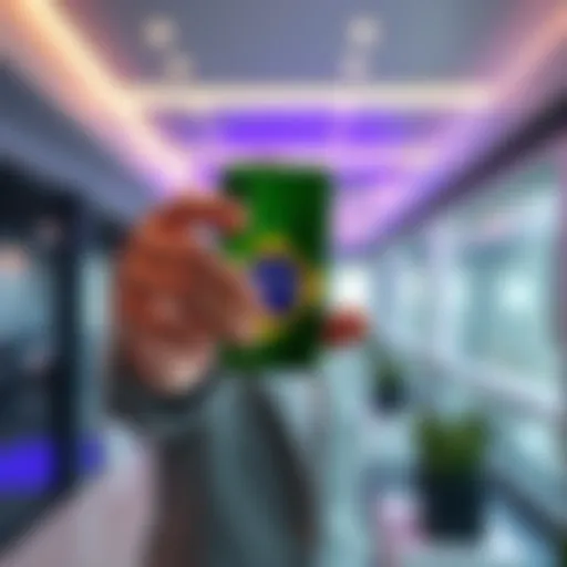 A person holding a new smartphone priced at 20,000 BRL, showcasing its sleek design while standing in a modern setting
